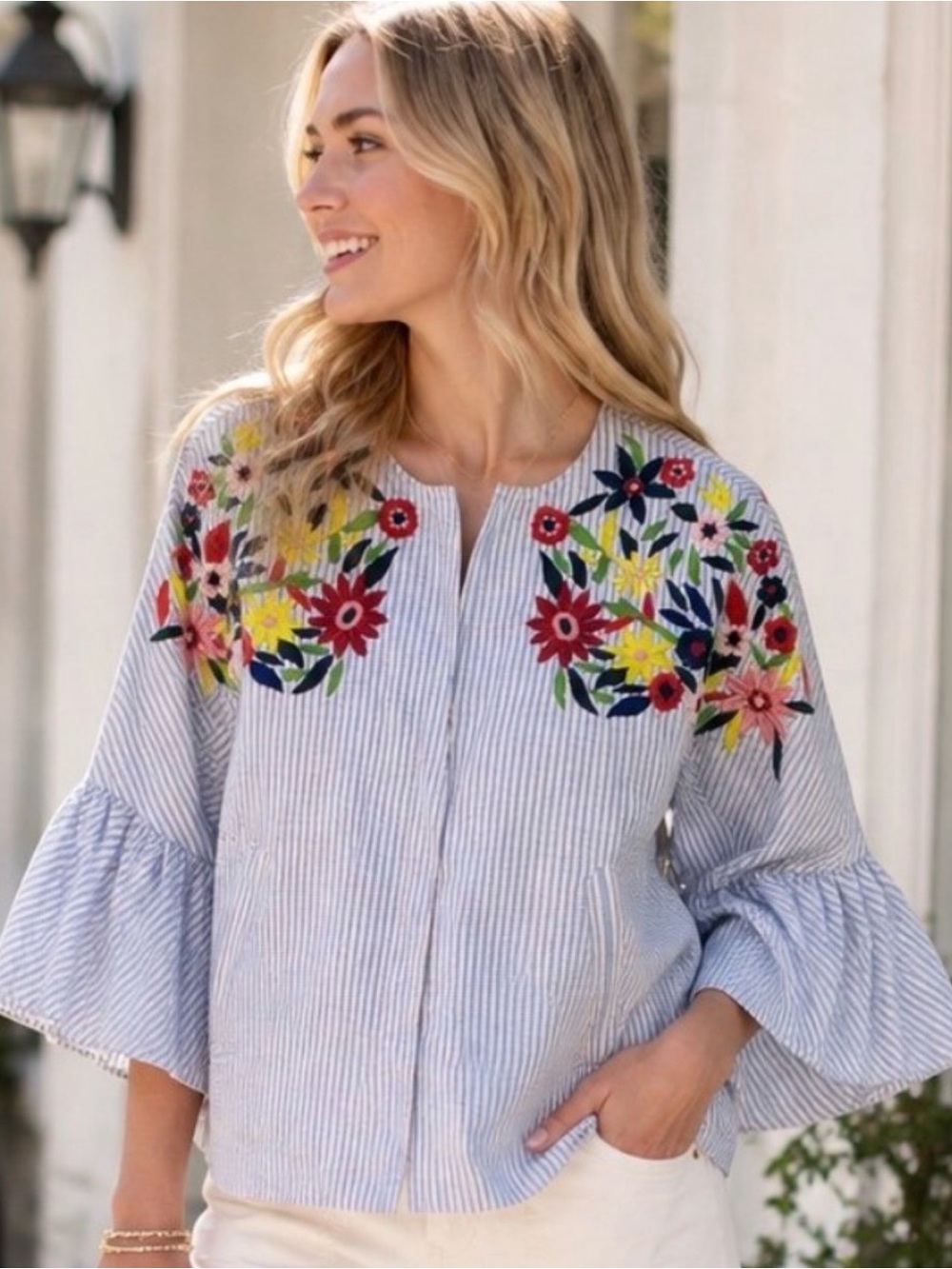 🌸 Zara Basic Embroidered Stripe Bell Sleeve Jacket Top | M